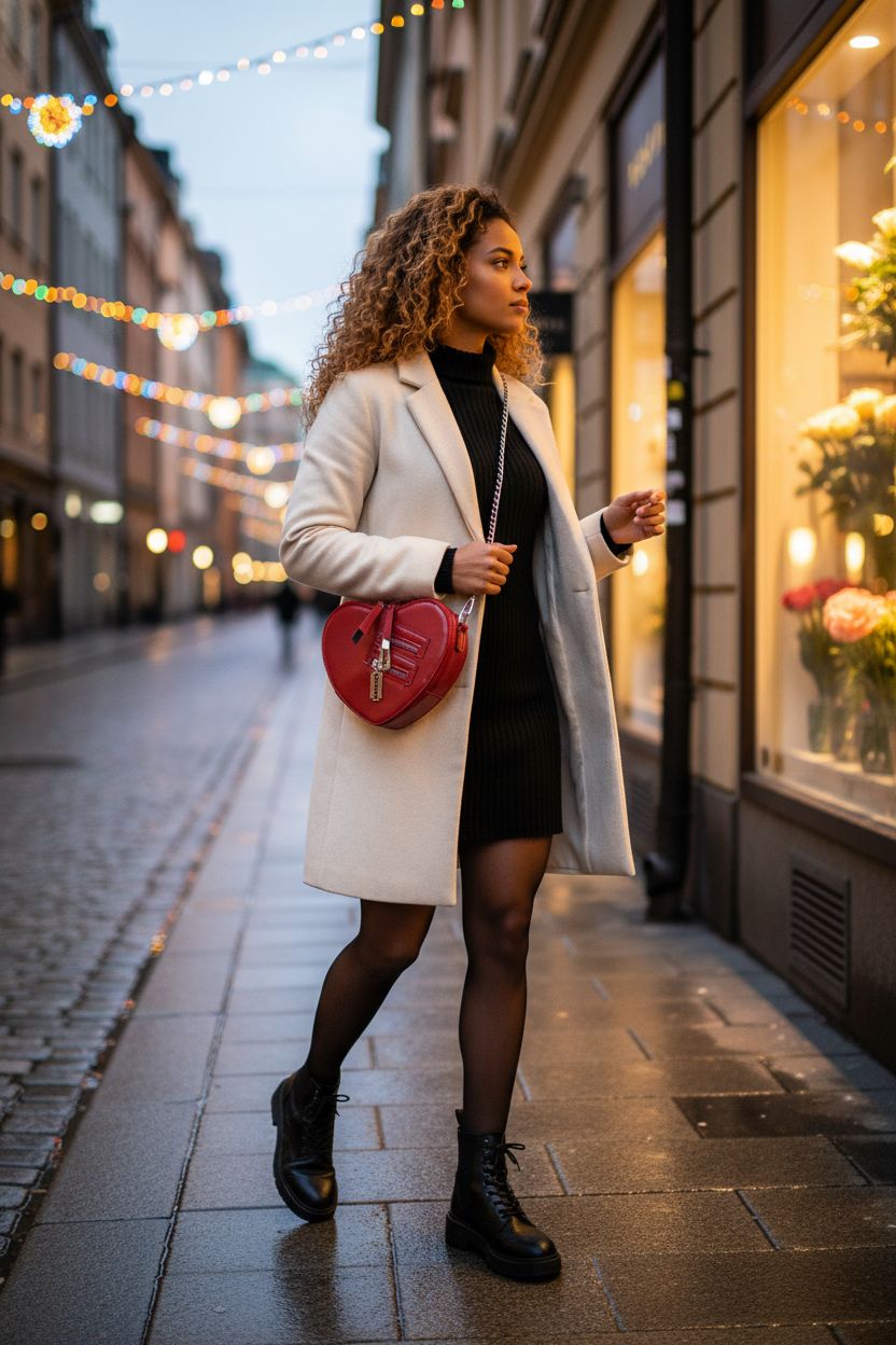 Fozehlad red heart crossbody purse swaying at hip near flower boutique, ideal for Valentine's outings.