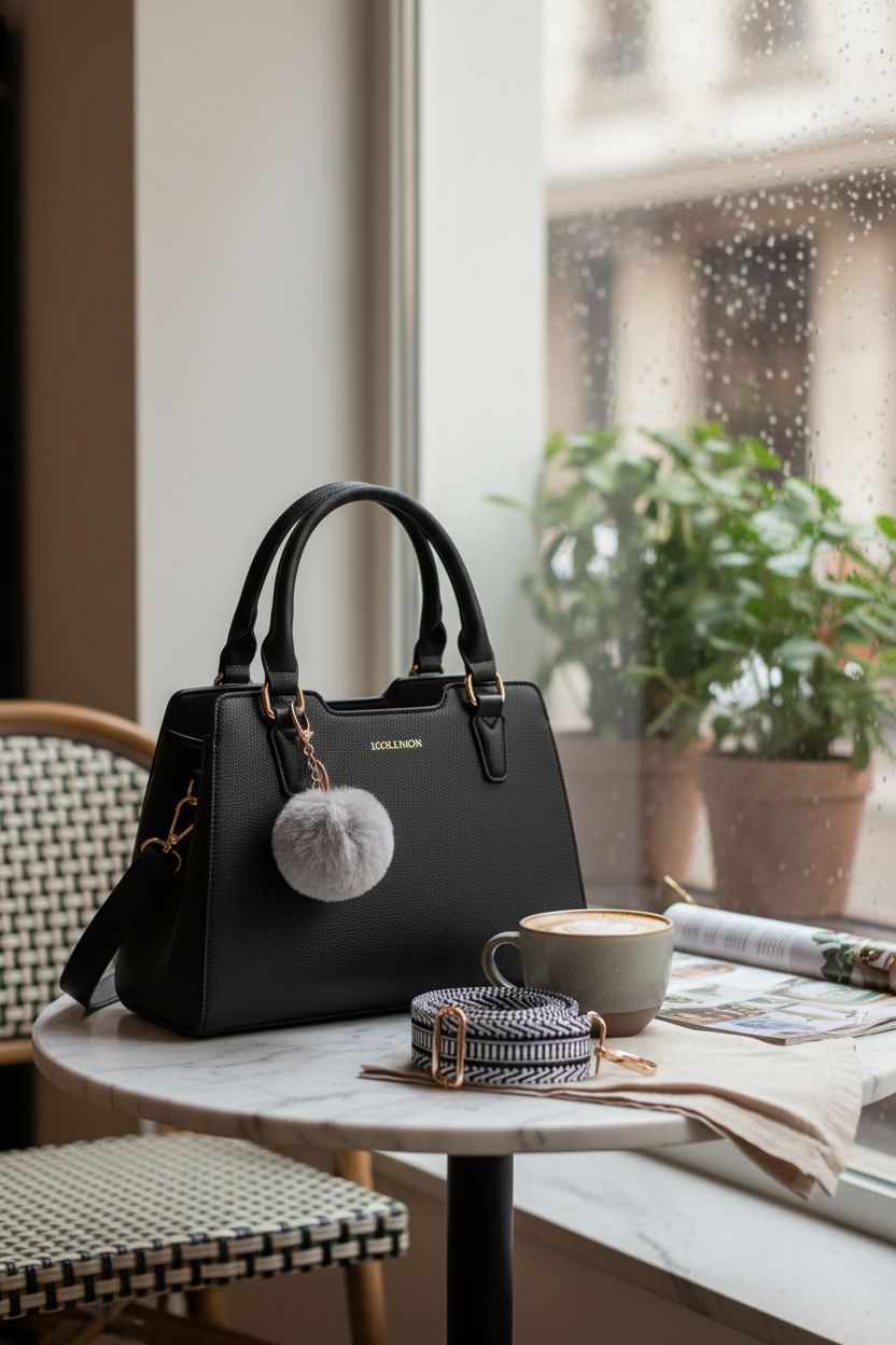 Elegant IGOLUMON vegan handbag on a marble table in a cozy café setting with a latte.