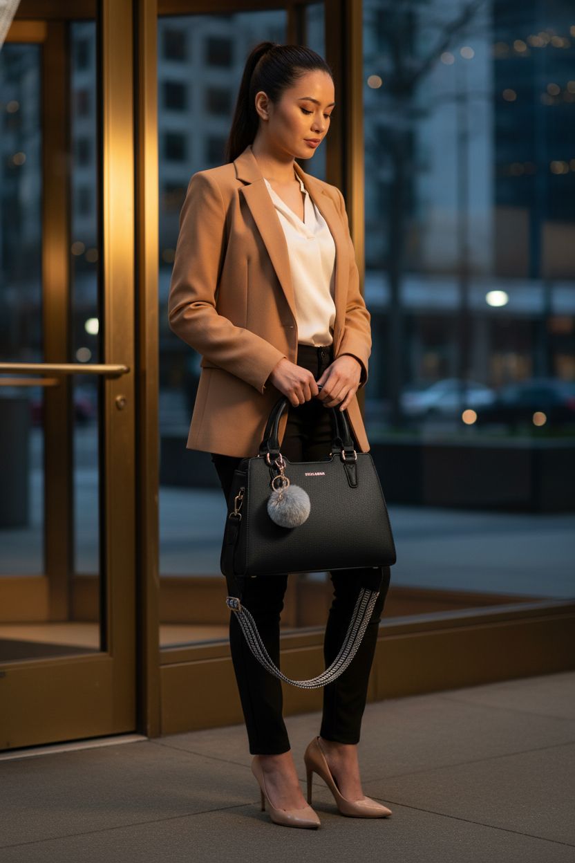 IGOLUMON vegan leather handbag in black with gold details, styled with a camel blazer.