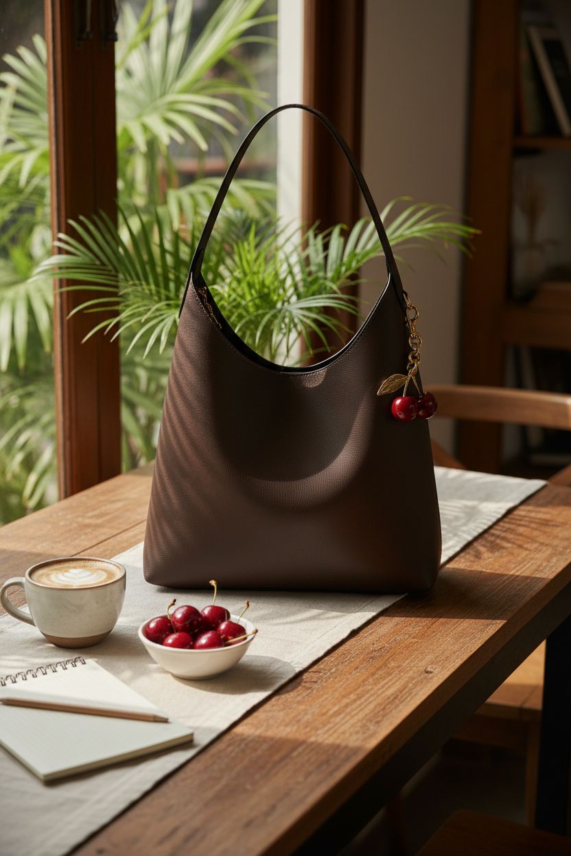 HICARRY vegan hobo bag on a cozy café table with latte and cherries, highlighting eco-conscious design.