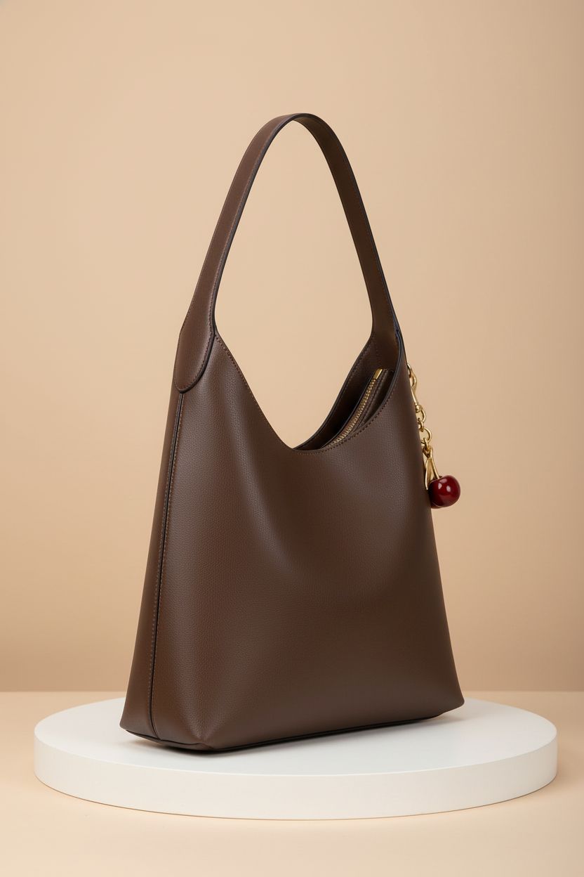 Close-up of HICARRY faux suede hobo bag emphasizing craftsmanship and cherry charm, ideal for vegan fashion.