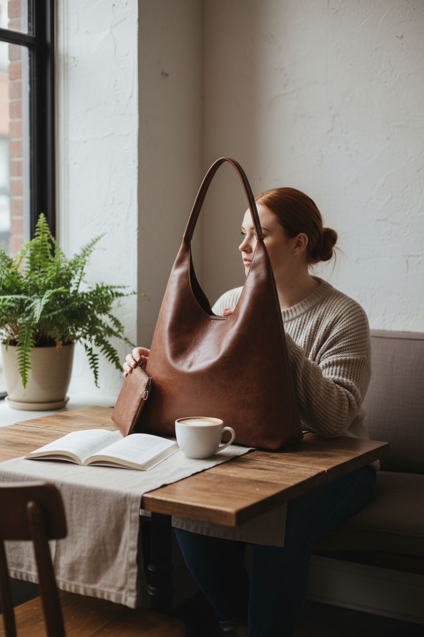 Cozy café setting with Utenwat brown vegan leather hobo bag on tabletop next to coffee and a book.