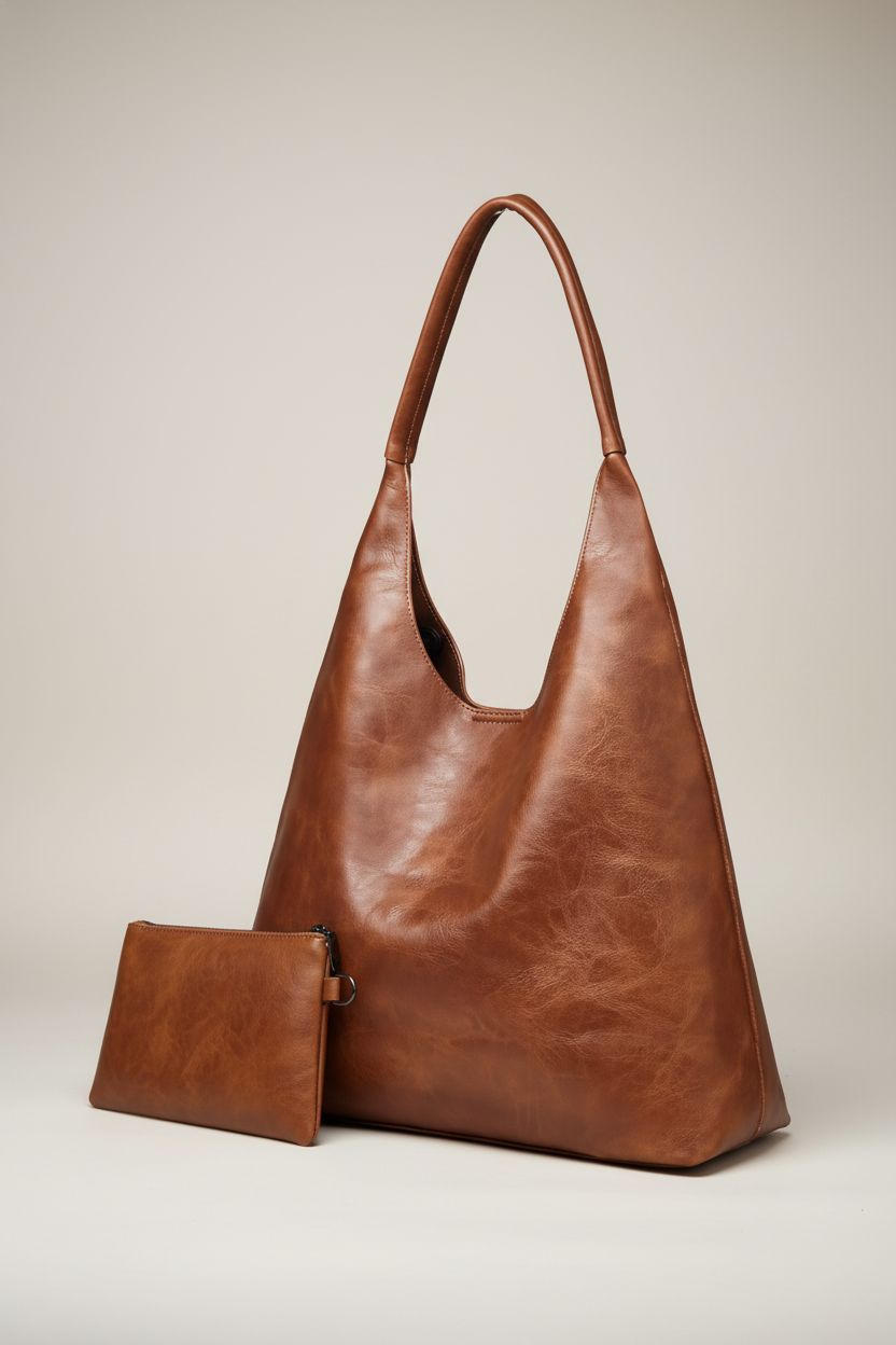 Utenwat brown vegan leather hobo bag showcased with matching pouch, highlighting quality and design.