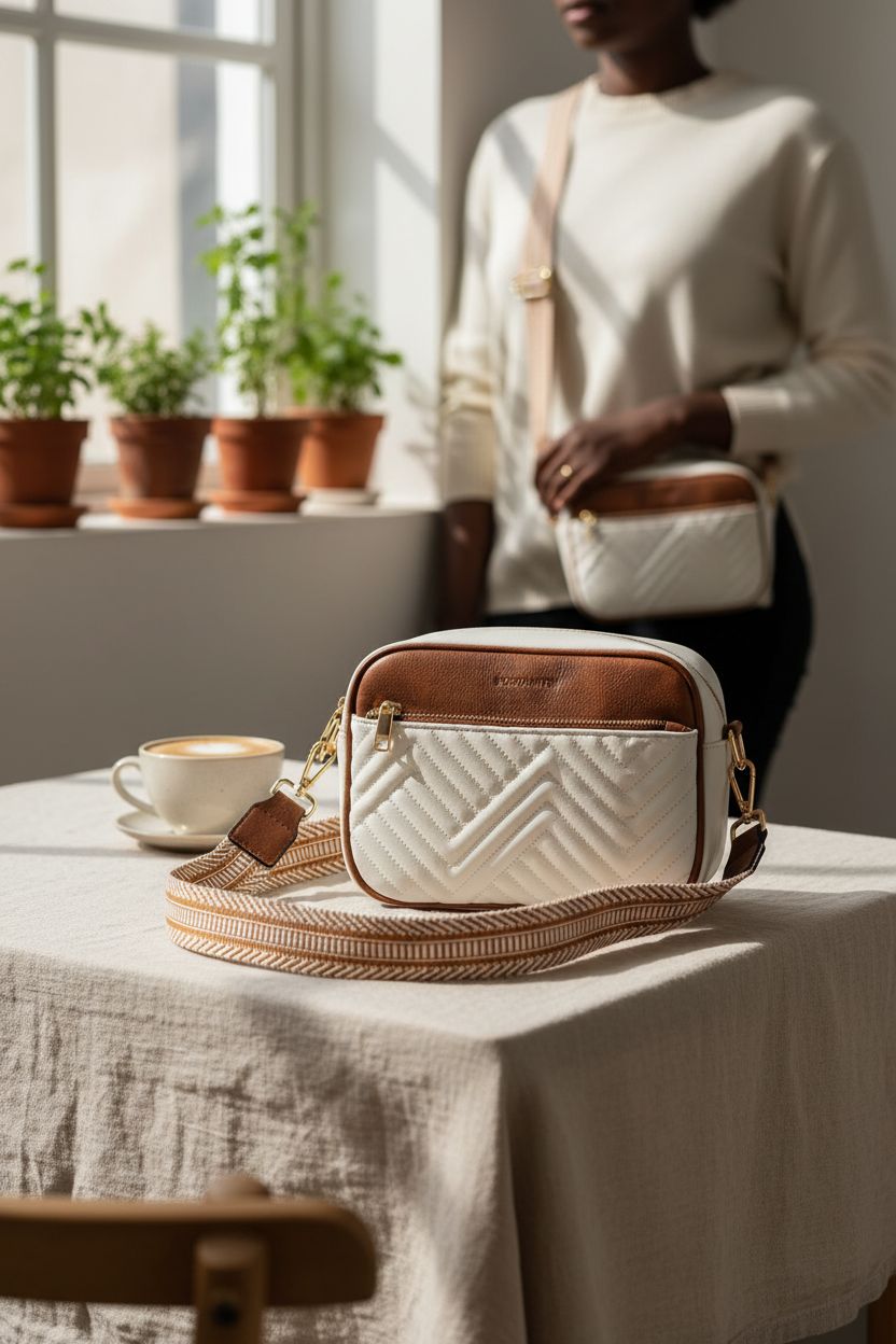 BOSTANTEN vegan leather purse on a bistro table with an oat-milk latte, cozy aesthetic.
