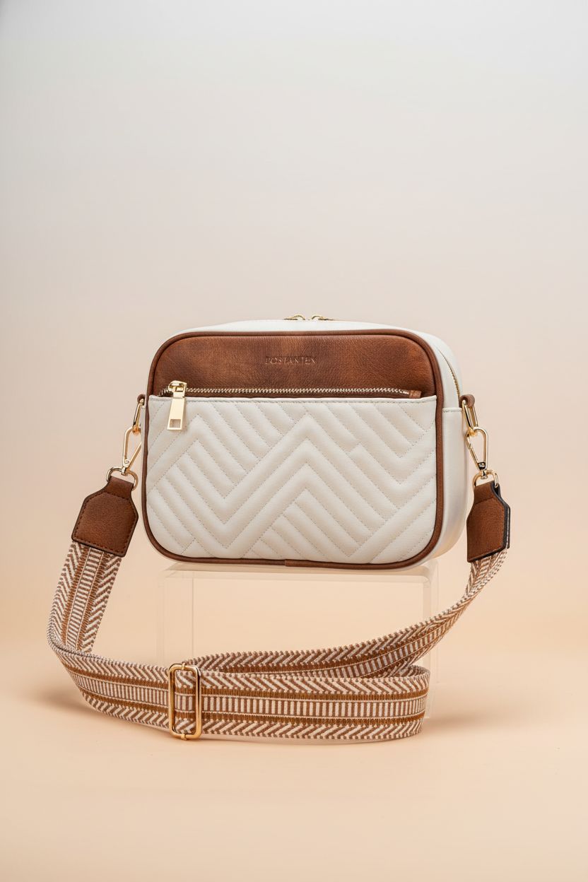 BOSTANTEN beige and brown quilted crossbody bag on a studio set, highlighting its design.