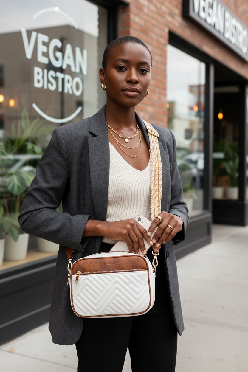 BOSTANTEN vegan leather quilted crossbody bag in beige and brown, stylishly organized.
