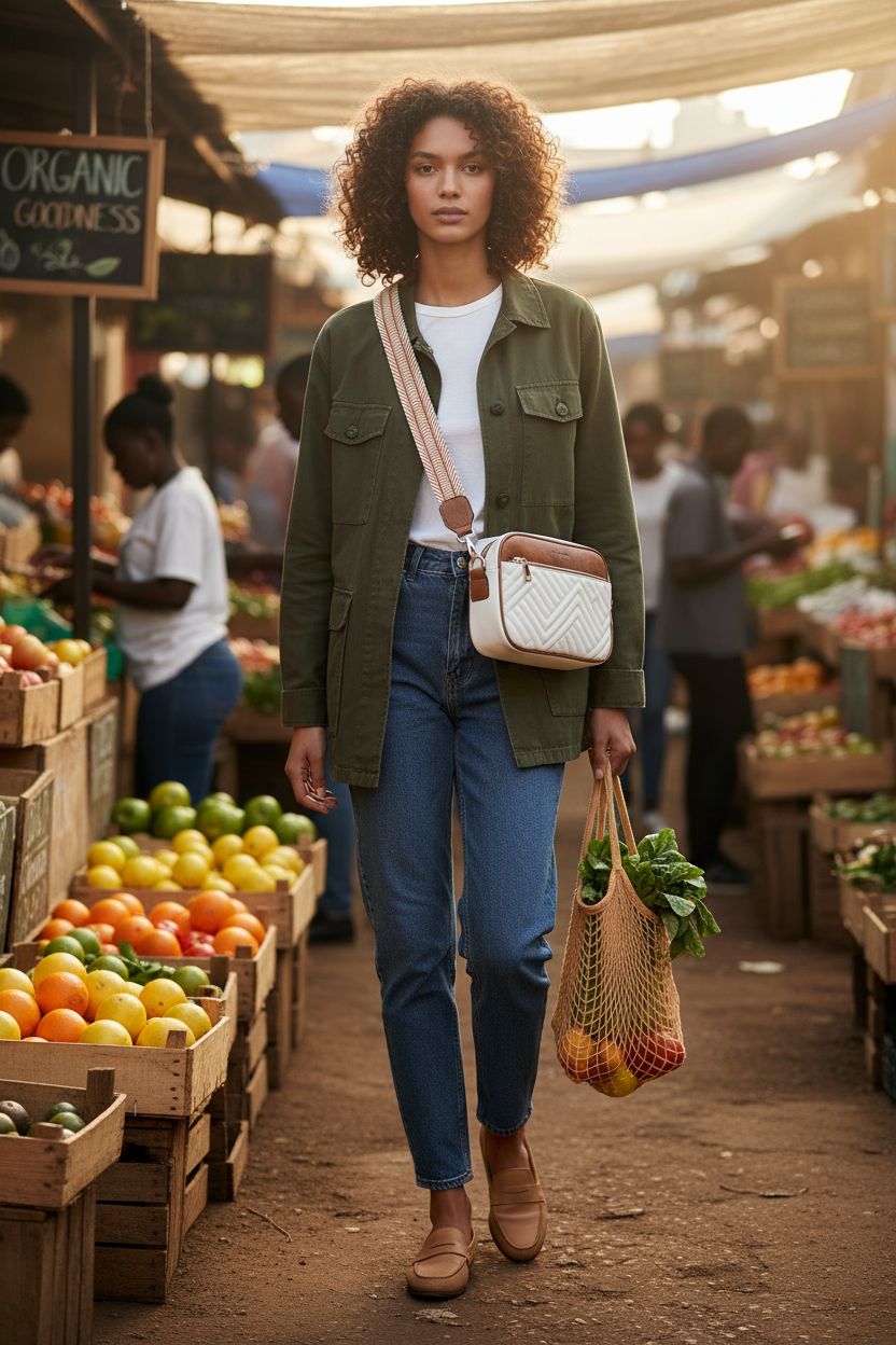 BOSTANTEN beige and brown crossbody bag at a vibrant farmers' market, eco-friendly style.