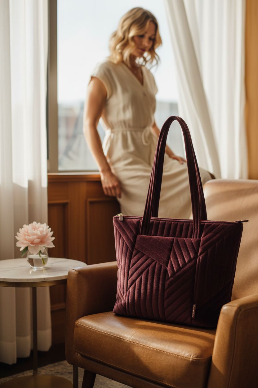 Vera Bradley Velvet Small Vera Tote Bag in Raisin, elegantly placed on a leather chair in a sunlit hotel lounge.