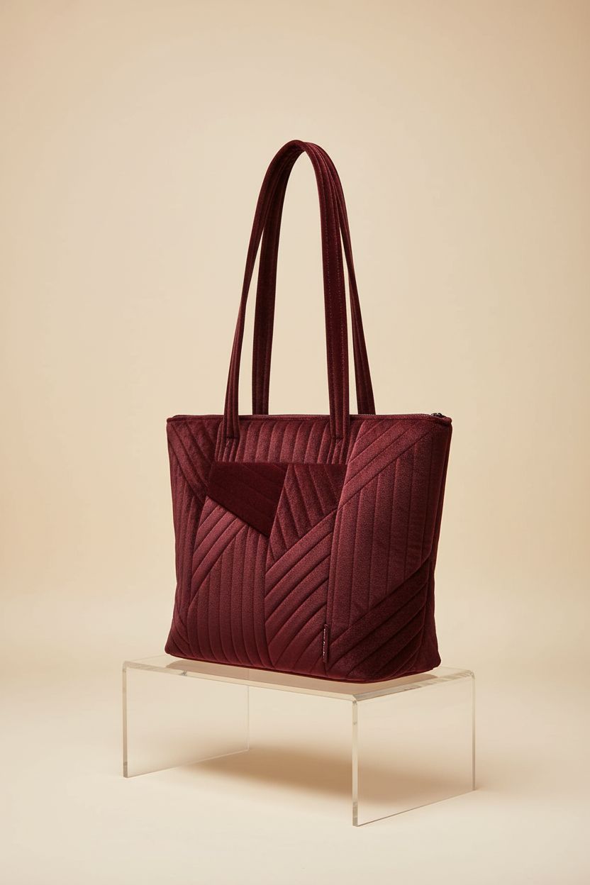 Vera Bradley Velvet Small Vera Tote Bag in Raisin on a clear acrylic riser, highlighting its luxurious velvet and craftsmanship.