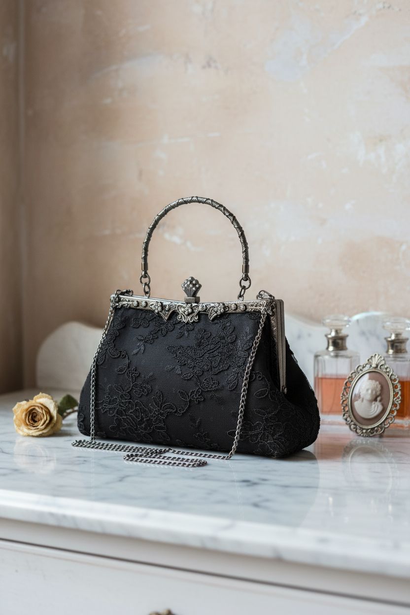 UBORSE Victorian purse displayed on marble vanity with vintage accessories