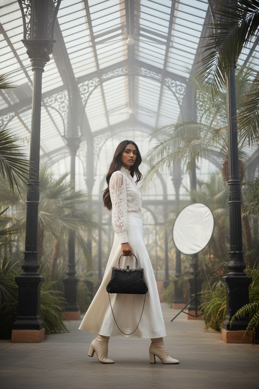 UBORSE black lace purse showcased in stunning Victorian winter garden environment