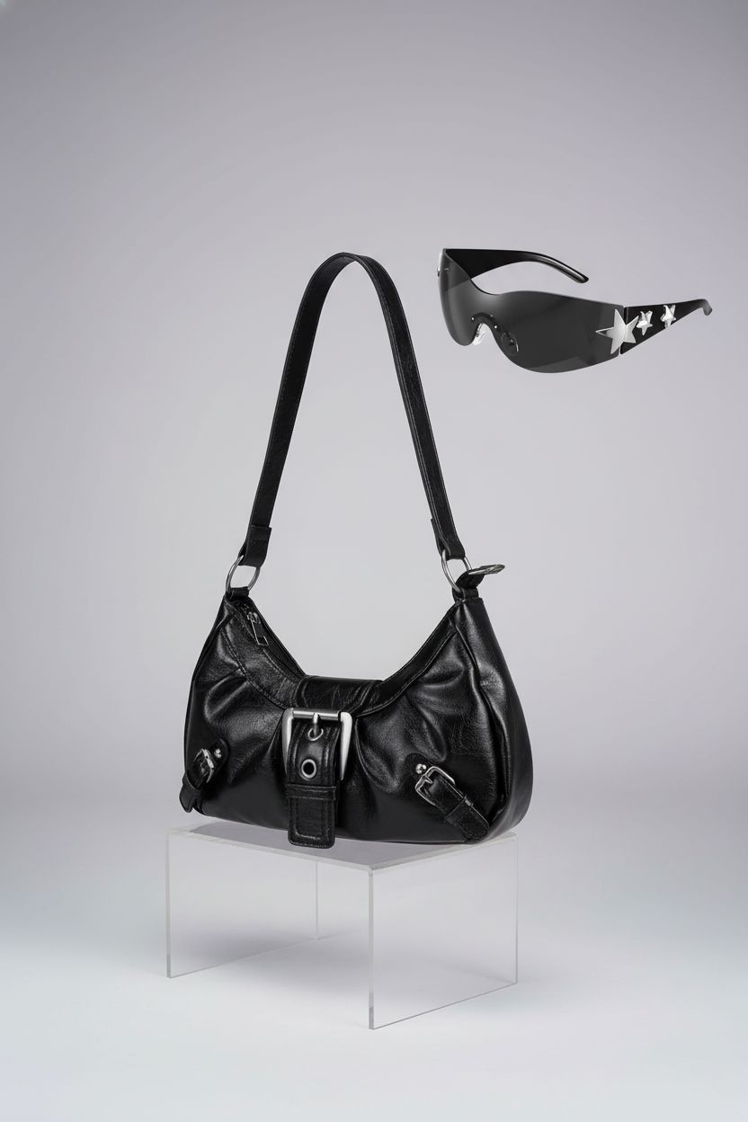 Close-up of JATEBI black faux leather hobo bag showcasing its stylish buckle and zipper details