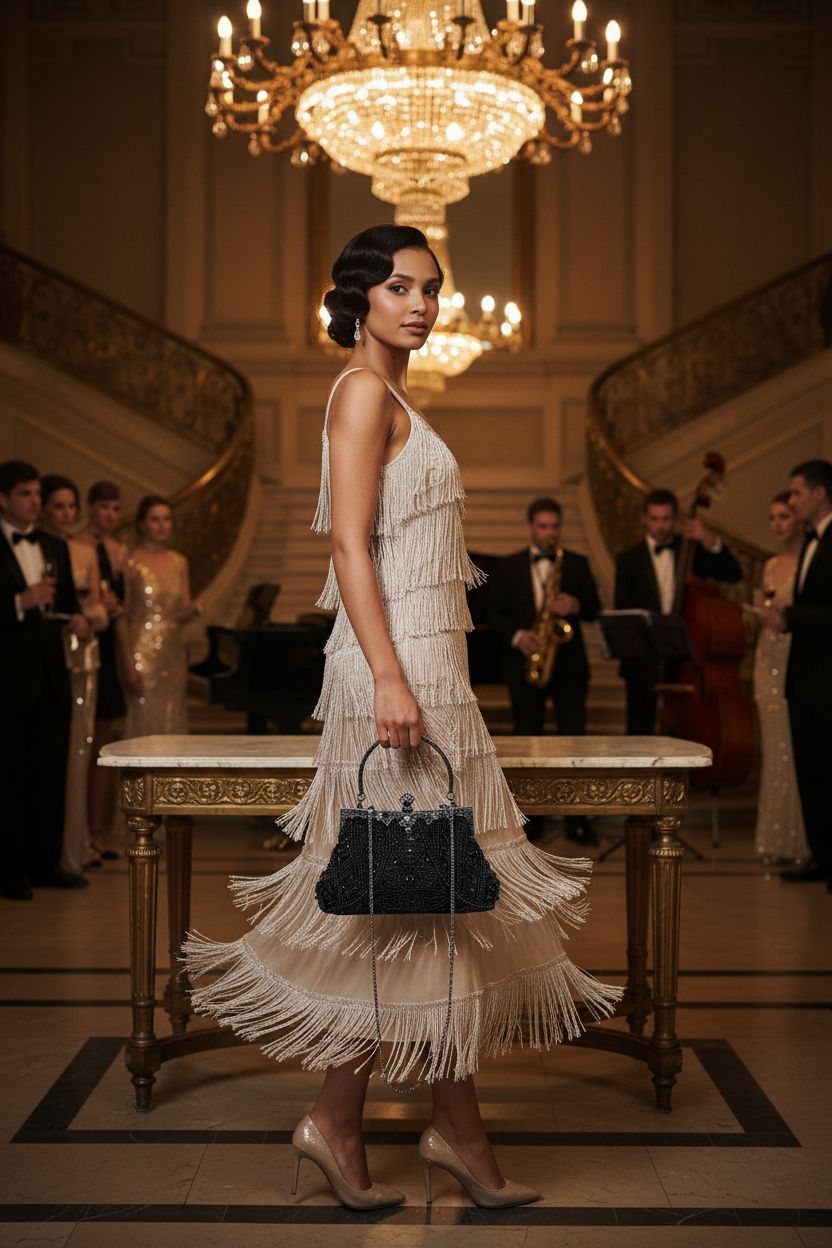 Selighting black beaded purse styled with a champagne-silver fringe dress at a jazz soirée.