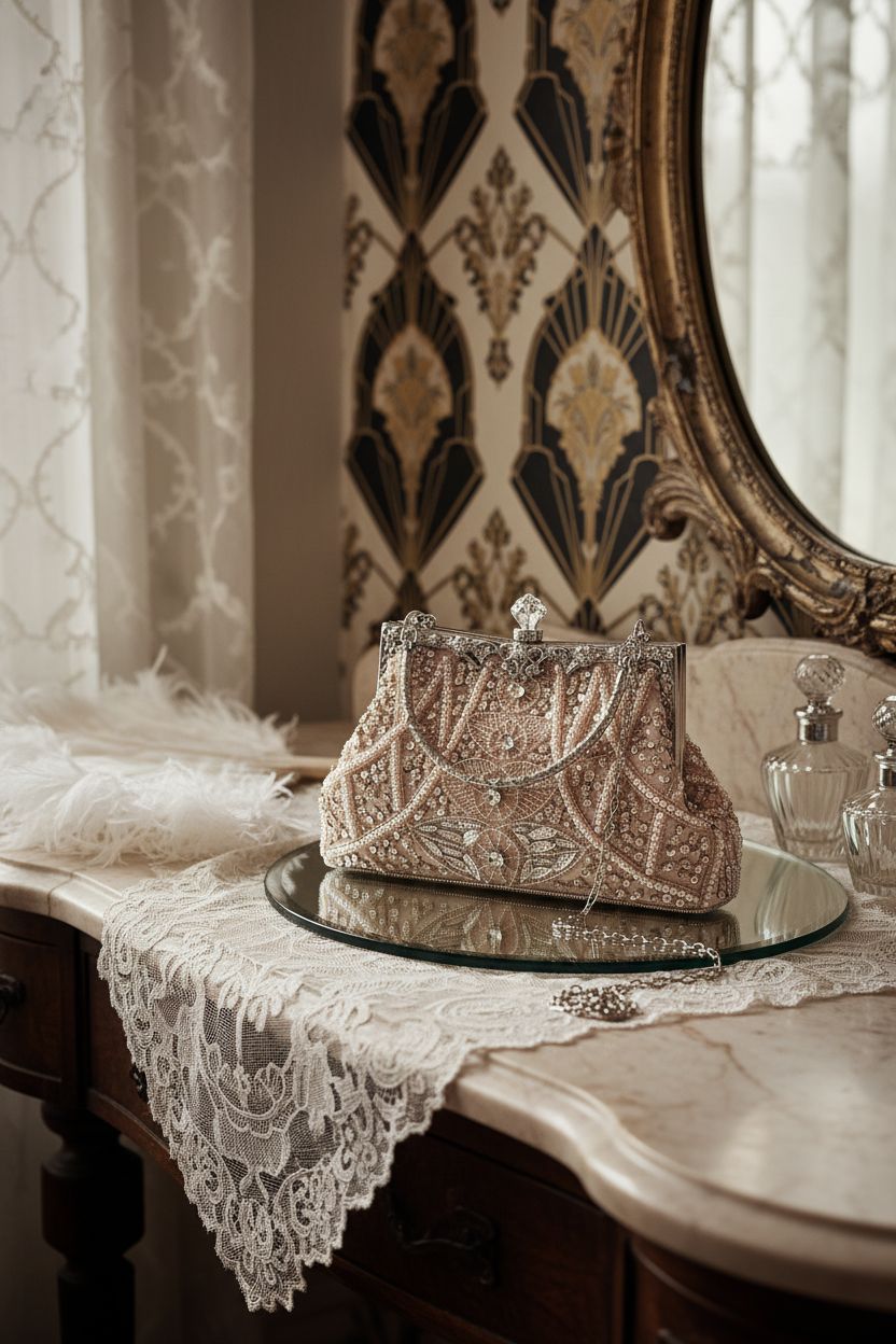Amylove vintage beaded clutch resting on a marble vanity, surrounded by elegant decor and soft lighting.