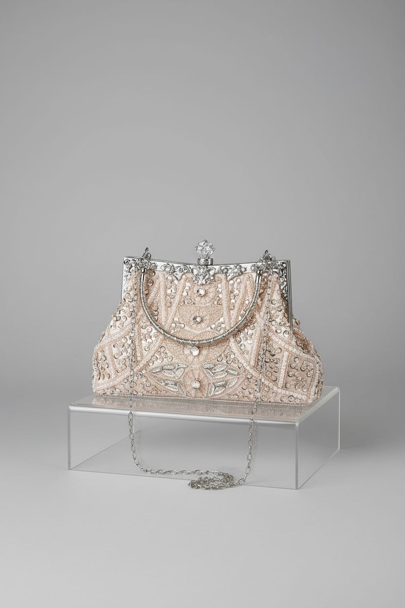 Amylove 1920s vintage beaded clutch, showcasing intricate beadwork on a gray background.