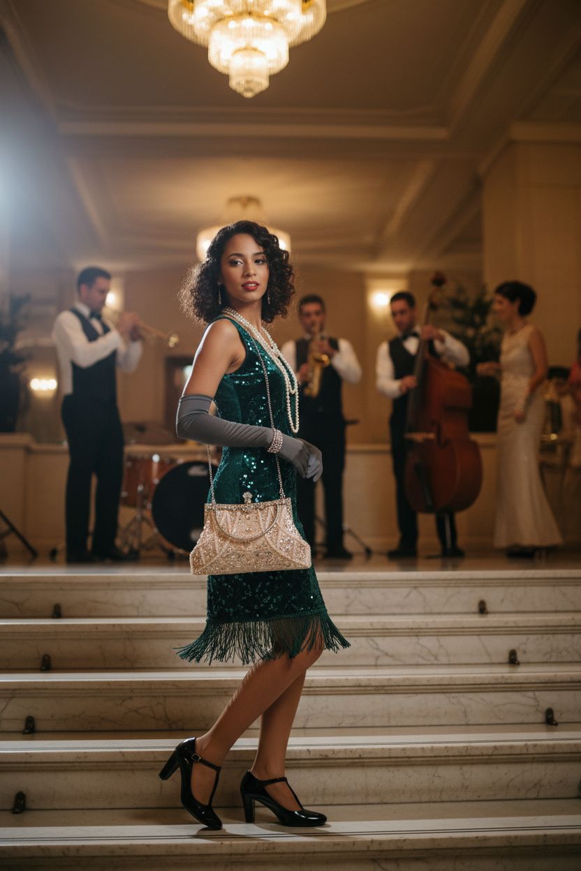 Amylove light pink vintage clutch elegantly paired with Gatsby-era fashion in a hotel lobby.