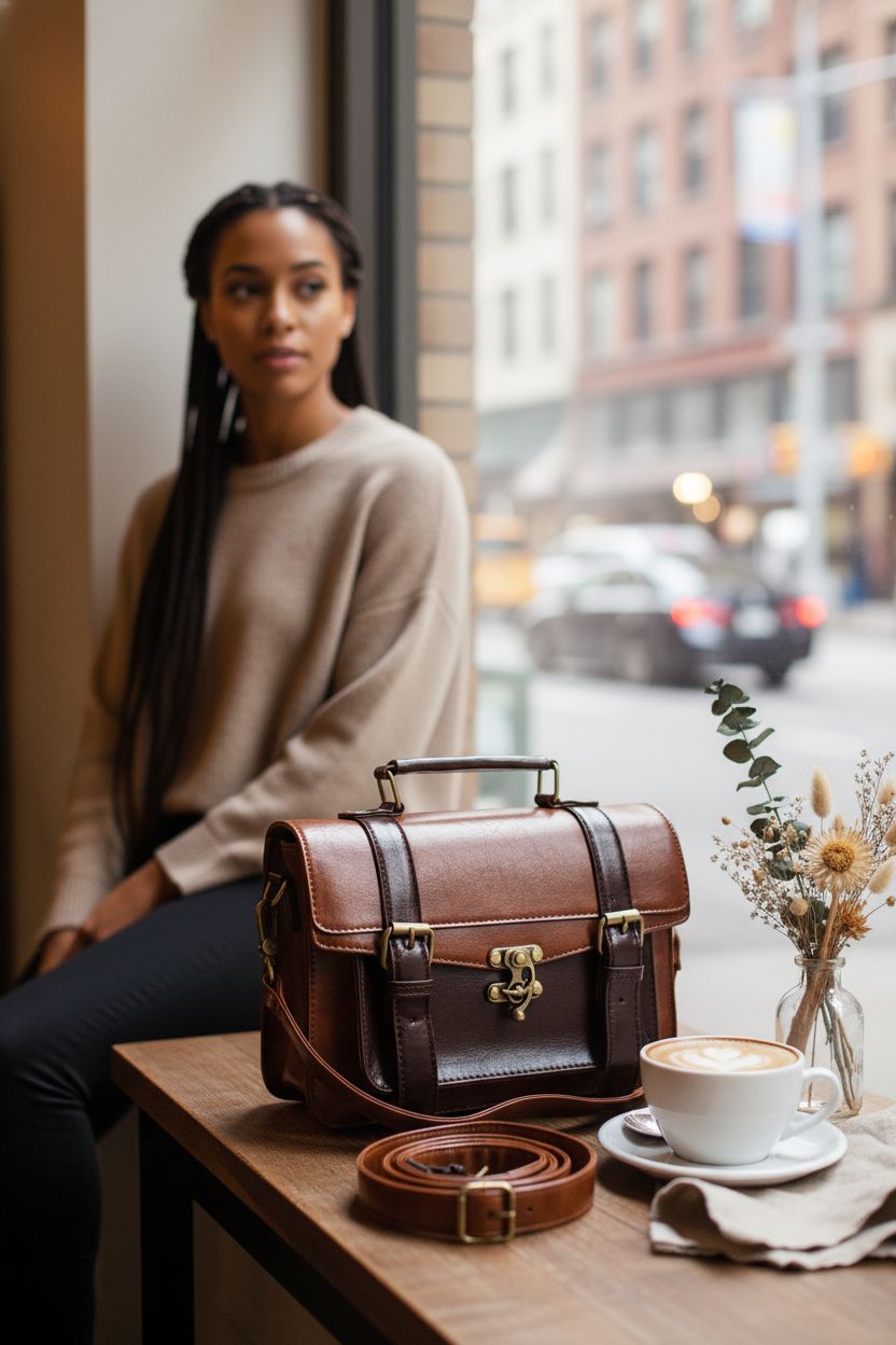 ECOSUSI satchel purse resting in a cozy café setting, showcasing its vintage charm.
