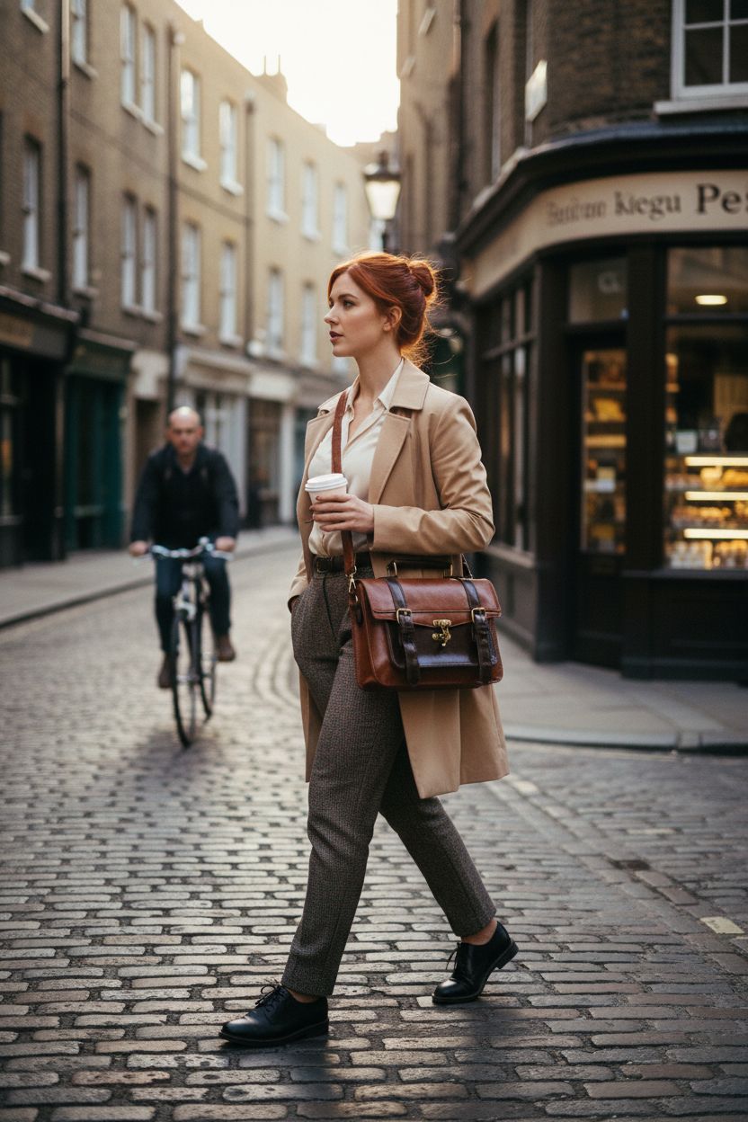 ECOSUSI coffee-brown satchel purse styled with neutral tones in a vibrant street setting.
