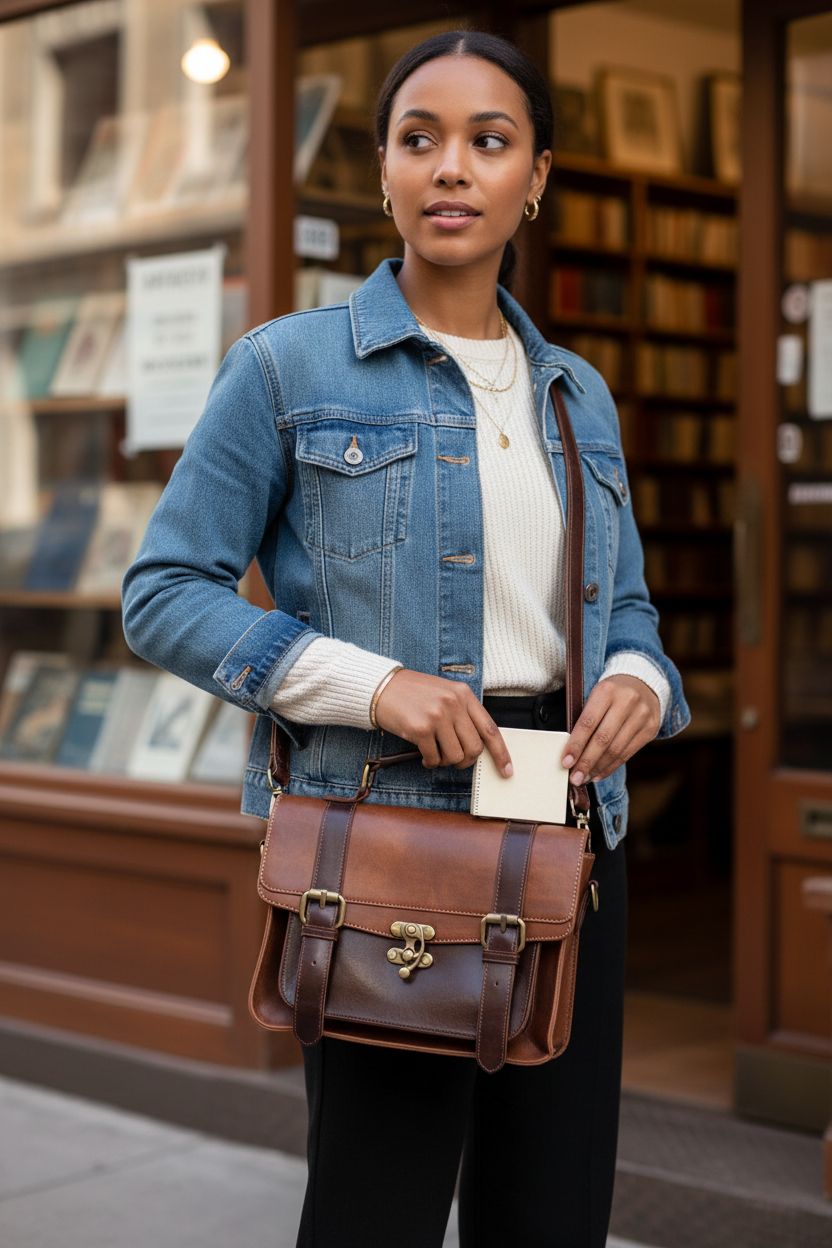 ECOSUSI crossbody bag elegantly displayed at a vintage bookshop with stylish outfit details.