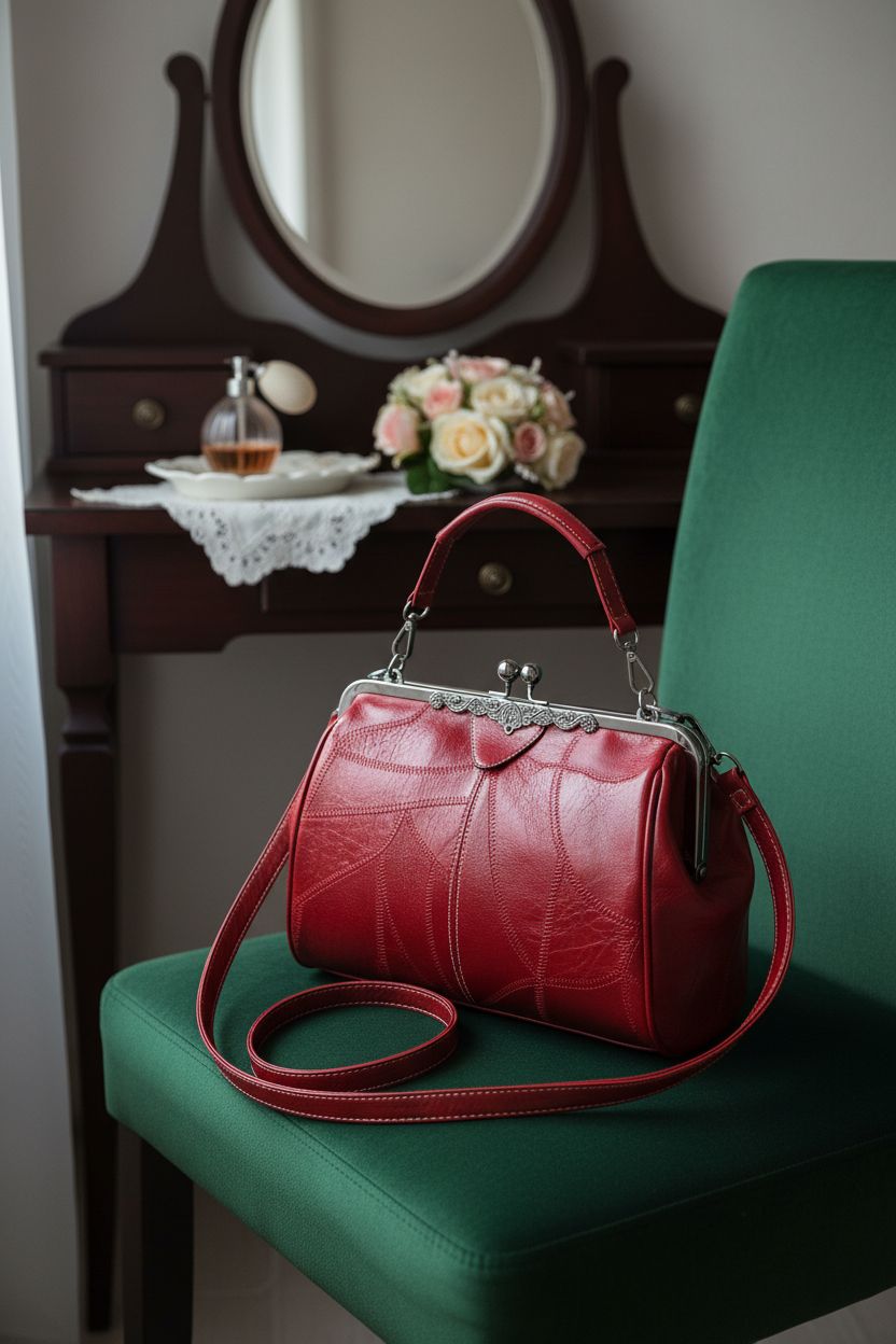 Wivmypog vintage handbag in wine red on a forest-green velvet chair in a boutique setting