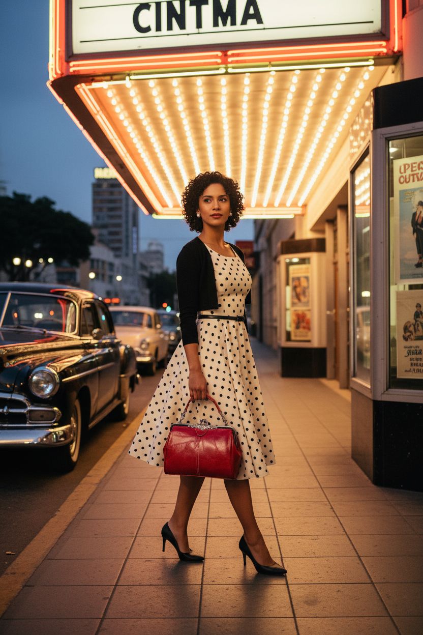 Wivmypog vintage handbag in wine red carried outside an art-deco cinema at twilight