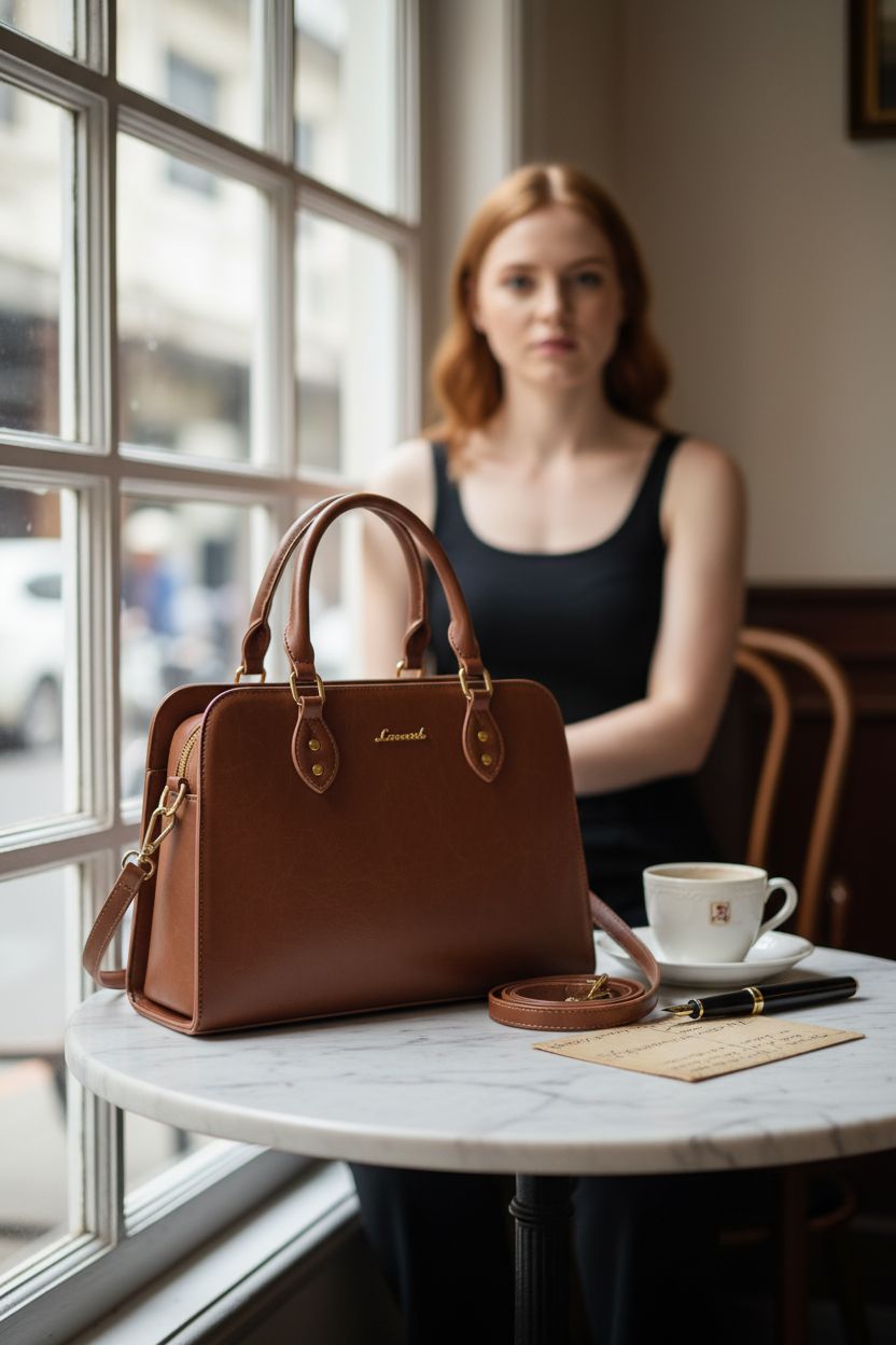 LOVEVOOK vintage handbag on marble table with vintage cup, creating a cozy café ambiance.