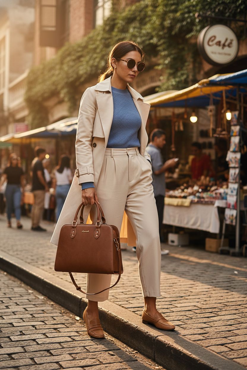 LOVEVOOK vintage top handle handbag in warm brown with gold accents, styled in a charming market setting.