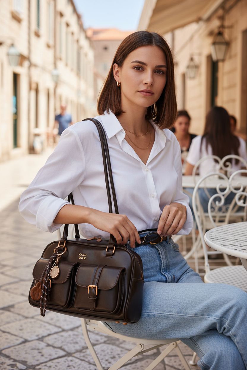 Deep brown vintage leather purse with double front pockets by sunaeset, perfect for chic outings.