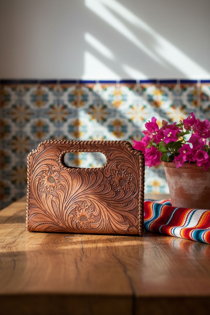 ADYAN vintage leather clutch purse on a rustic table, surrounded by terracotta and vibrant flowers.