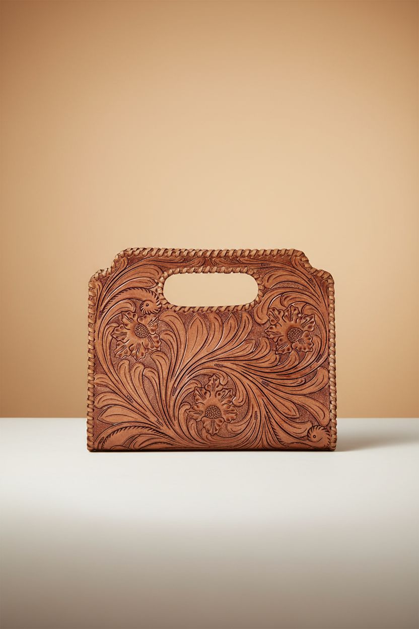 Product shot of ADYAN vintage embossed leather clutch purse, highlighting quality craftsmanship.