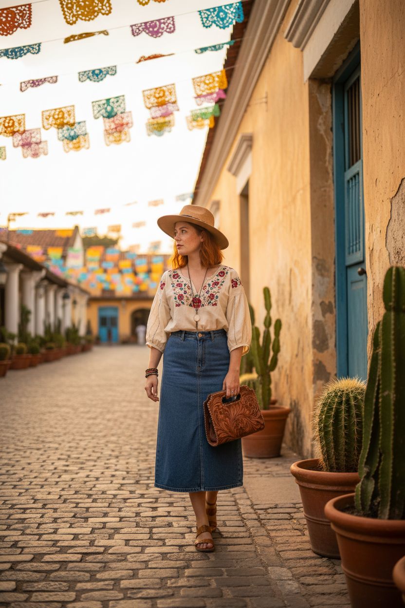 Vintage floral design leather clutch purse by ADYAN, showcased in a vibrant colonial plaza.
