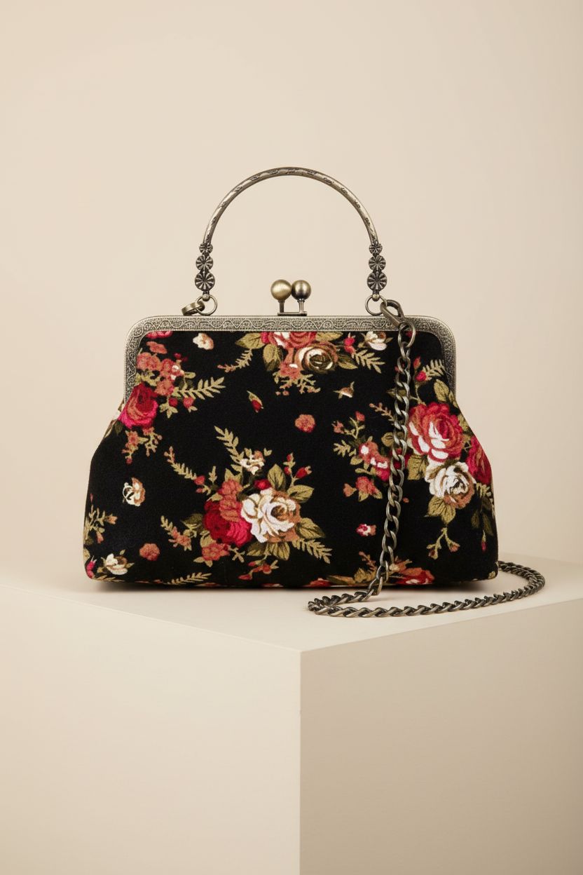 Abuyall black floral kiss-lock purse showcased on a matte pedestal