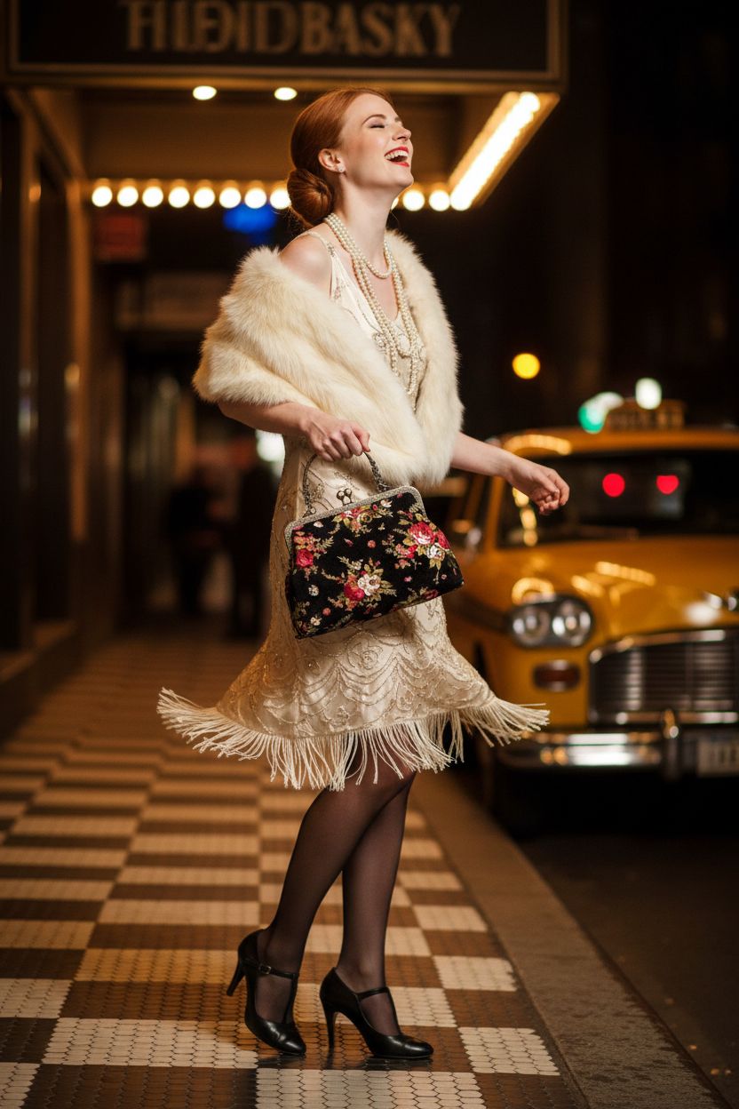 Abuyall vintage floral kiss-lock purse in a lively speakeasy setting