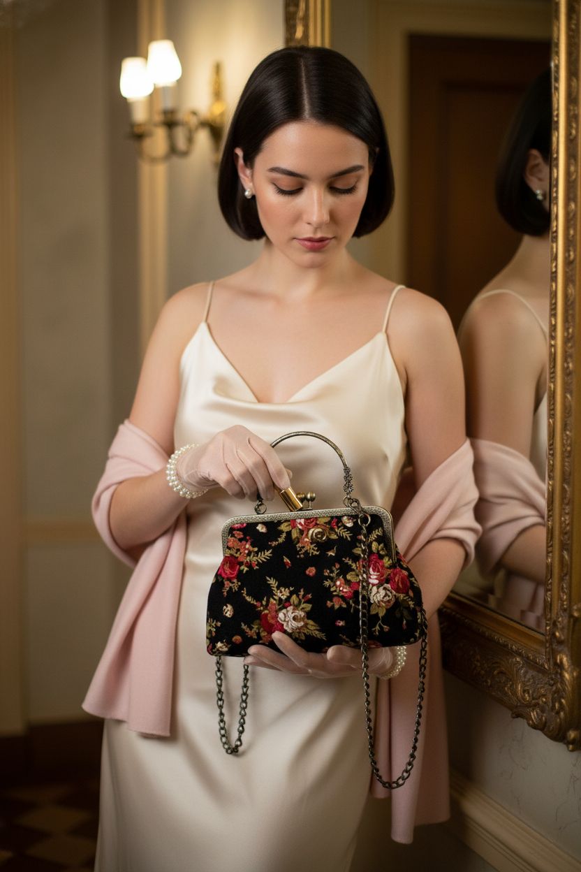 Abuyall black floral kiss-lock purse in a vintage theater powder room