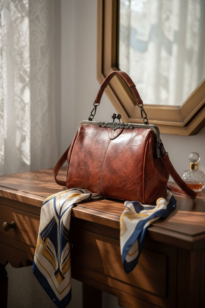 Segater vintage bag atop walnut vanity with Art Deco mirror in soft light