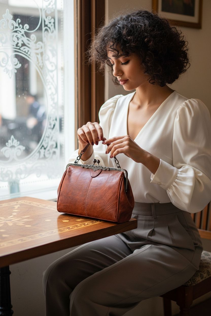 Segater vintage 1930s cognac handbag on lap in cozy café setting