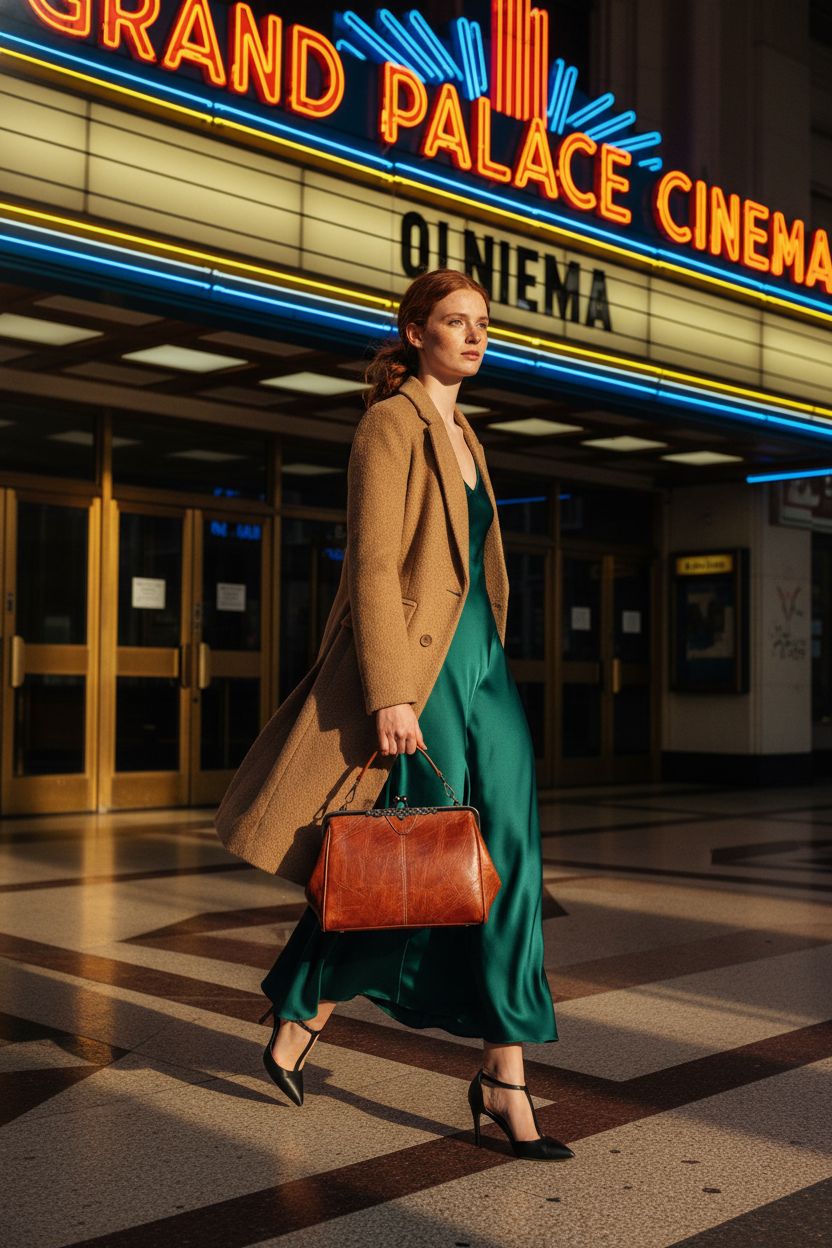 Segater retro oil-wax leather purse carried under arm at Art Deco cinema
