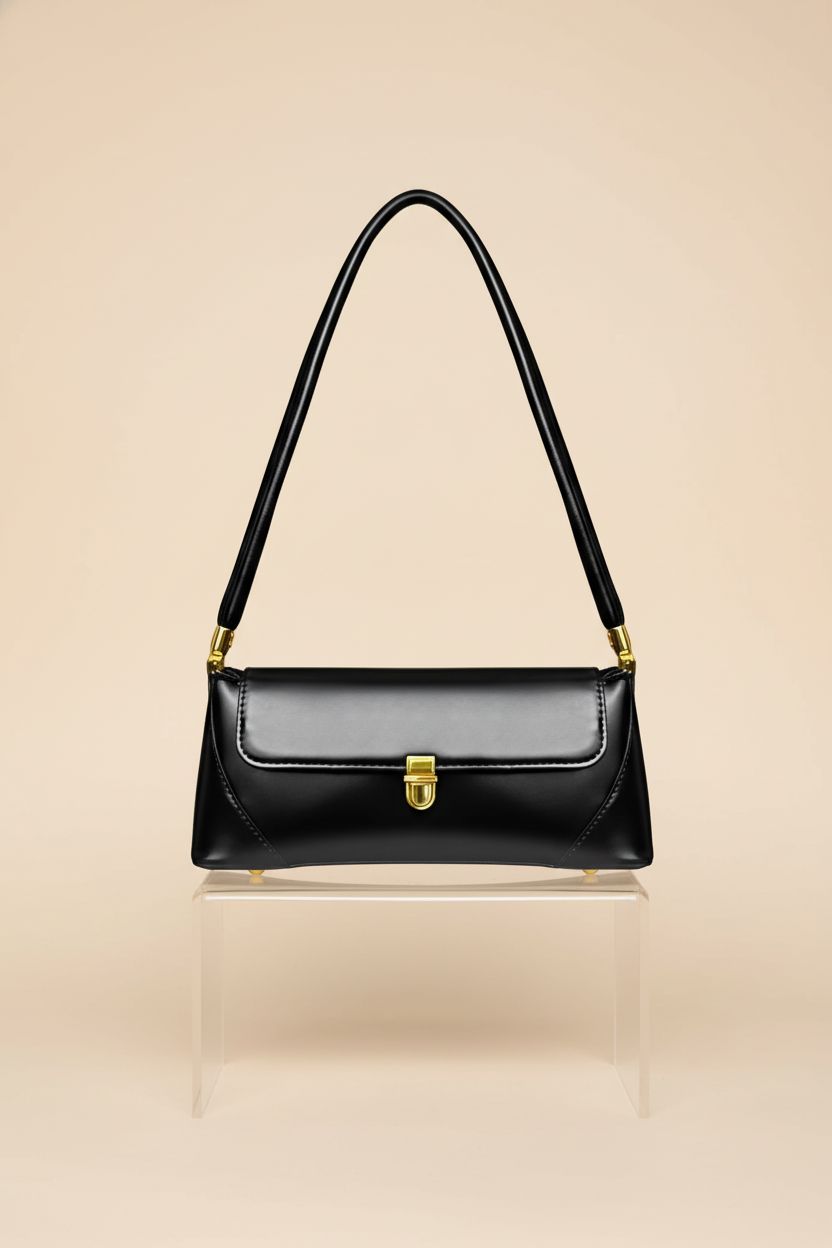 Cuiab vintage black baguette bag showcased on clear riser, highlighting its structured design and gold clasp
