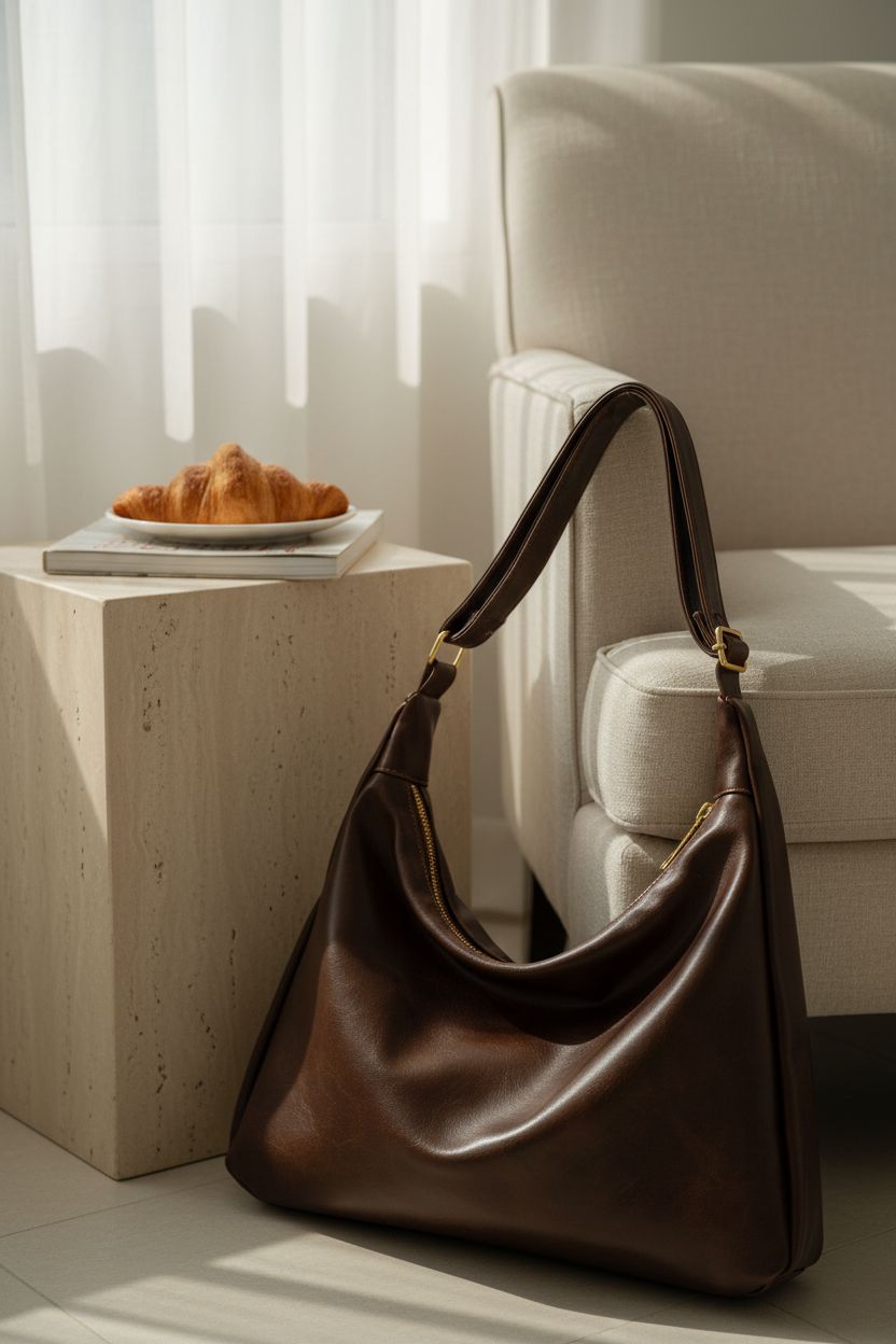 Celestina brown hobo bag resting on a side table, surrounded by a serene and cozy setting.