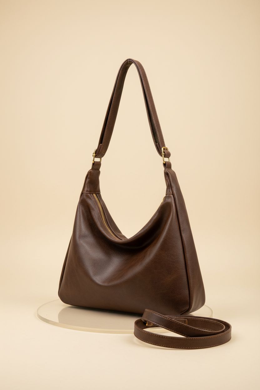 Close-up of Celestina brown hobo bag showcasing its elegant design and soft vegan leather material.