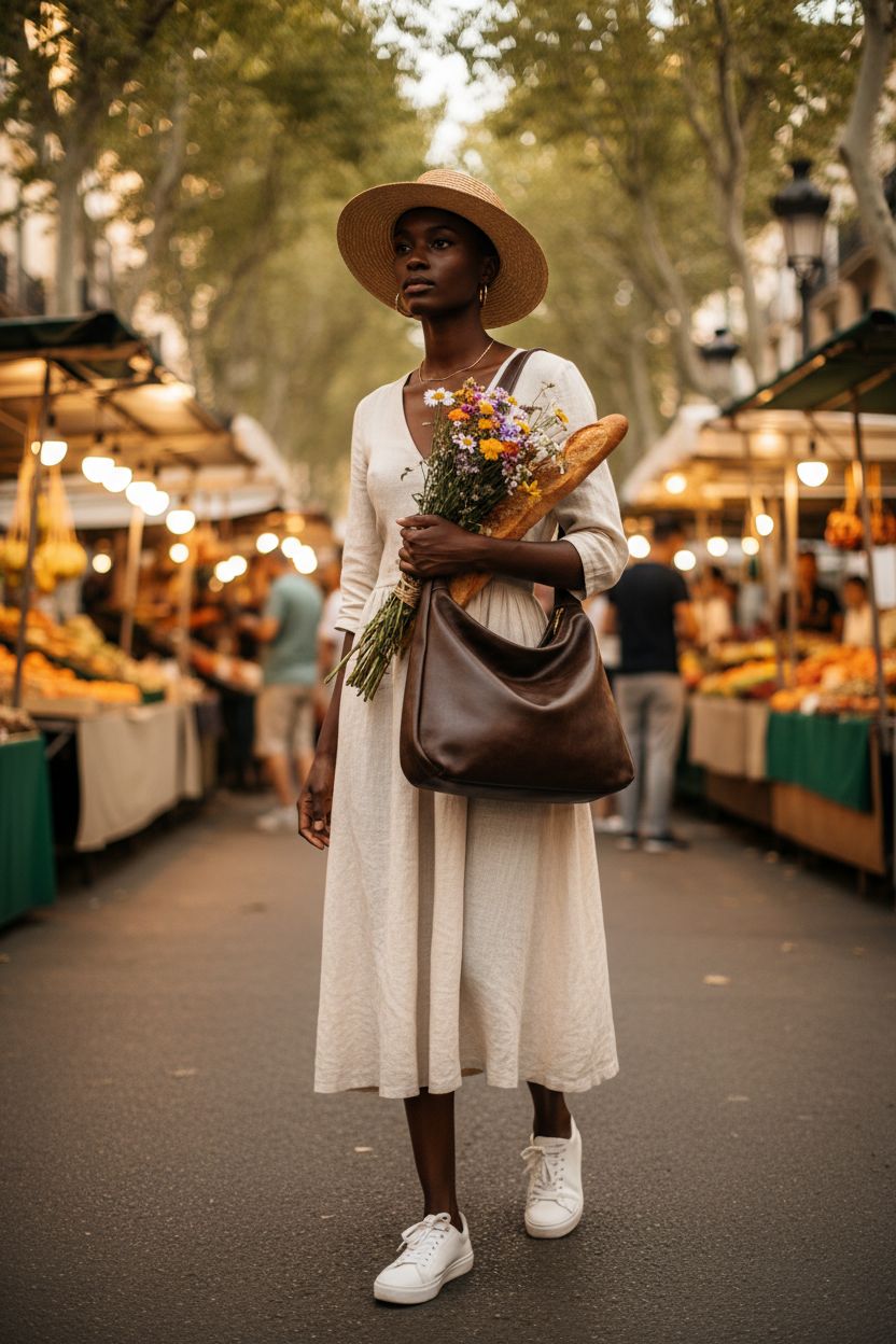 Celestina brown slouchy hobo bag in a vibrant market setting, made of ultra-soft vegan leather.