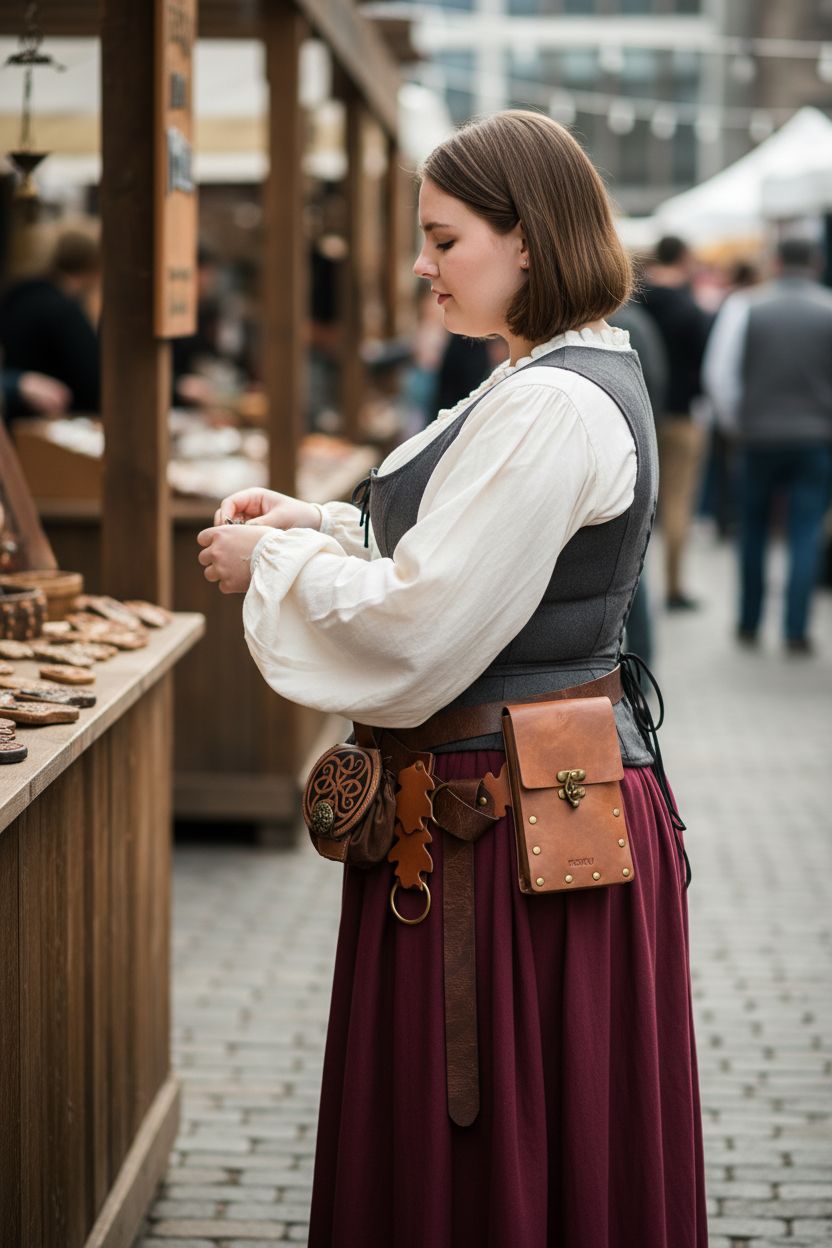 PEKVU Renaissance leather waist bag displayed at an artisan market, showcasing its warm brown color and detailed design.