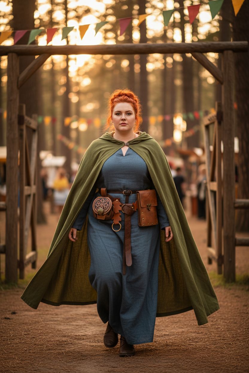 PEKVU leather waist bag worn at a renaissance fair, featuring leaf panels and brass hardware, perfect for adventuring.