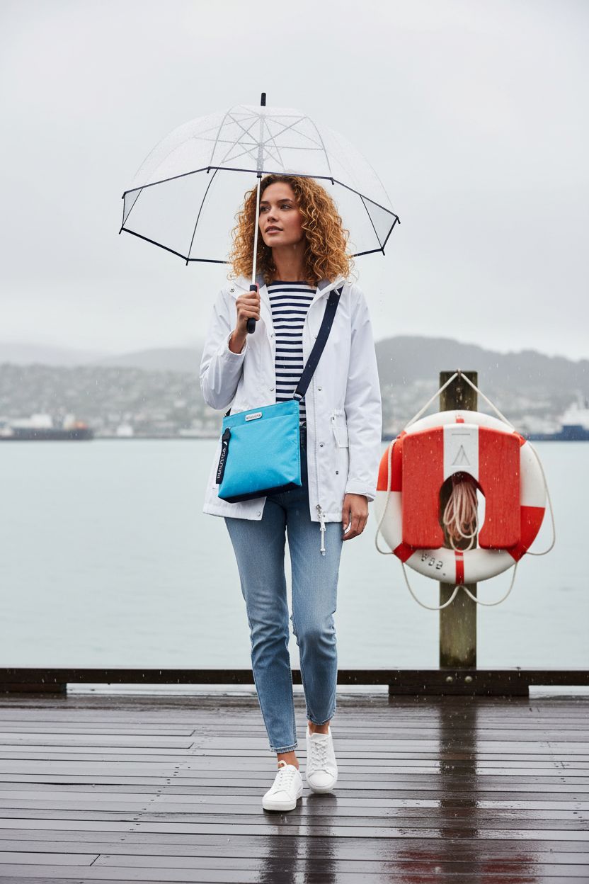 Nautica Diver nylon crossbody bag in scuba blue on a coastal boardwalk in light drizzle.