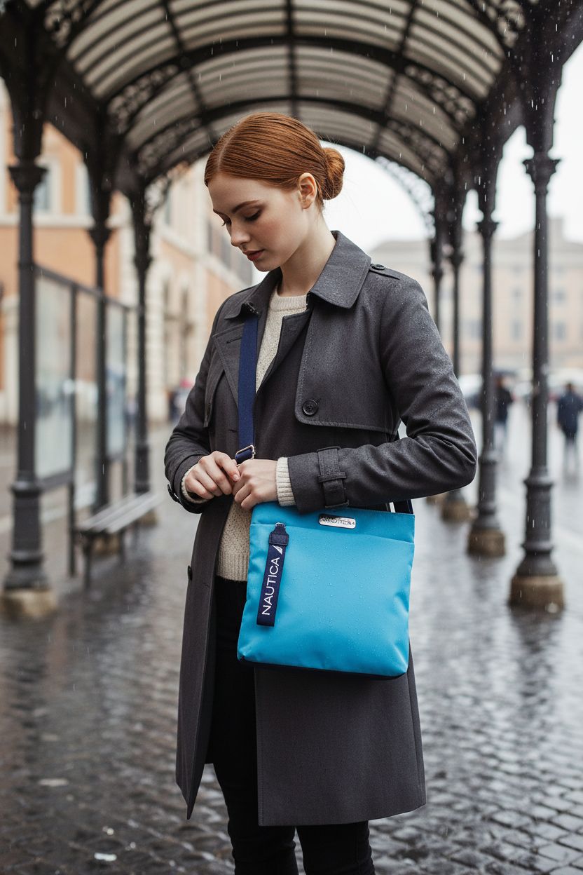 Nautica waterproof purse in scuba blue, showcasing water beading at a covered tram stop.