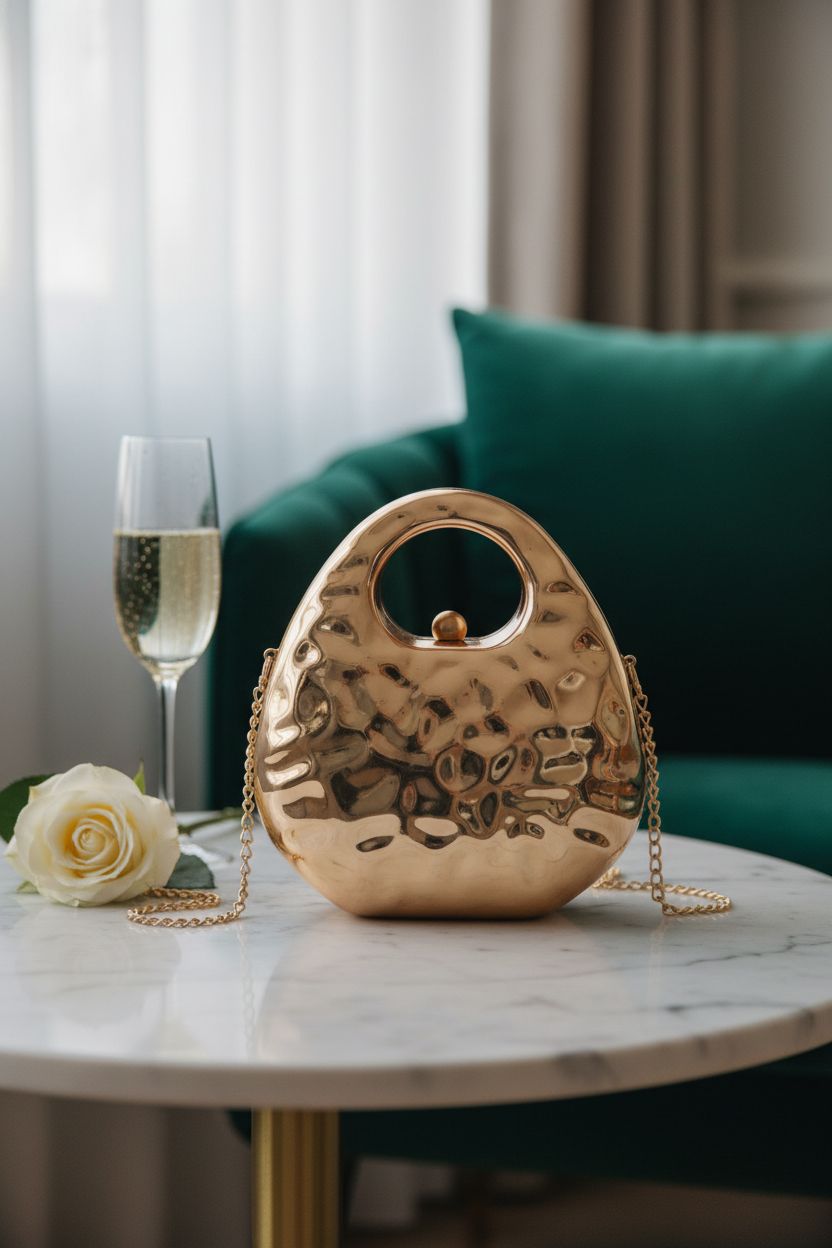 Garvee metallic clutch resting on marble, elegantly styled with champagne and rose, perfect for events.