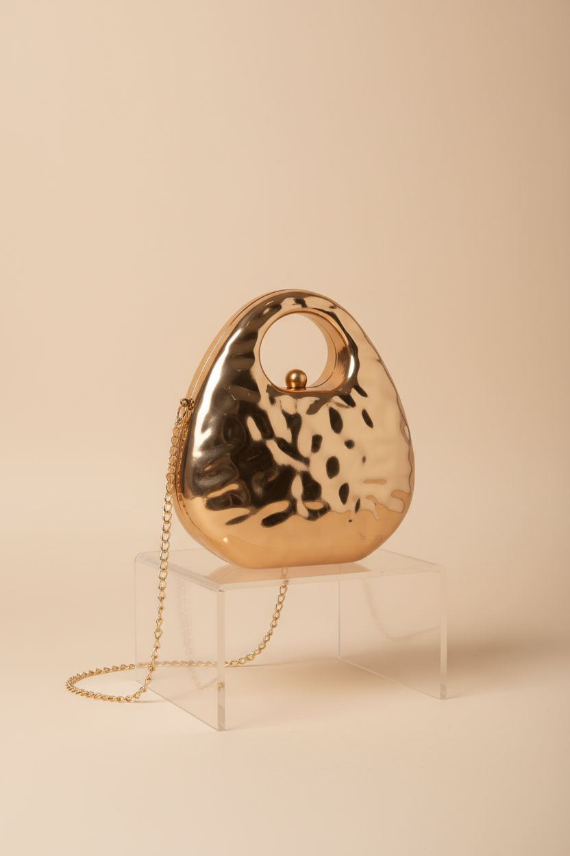 Garvee gold handbag on acrylic riser showcasing its elegant design, ideal for wedding guests.