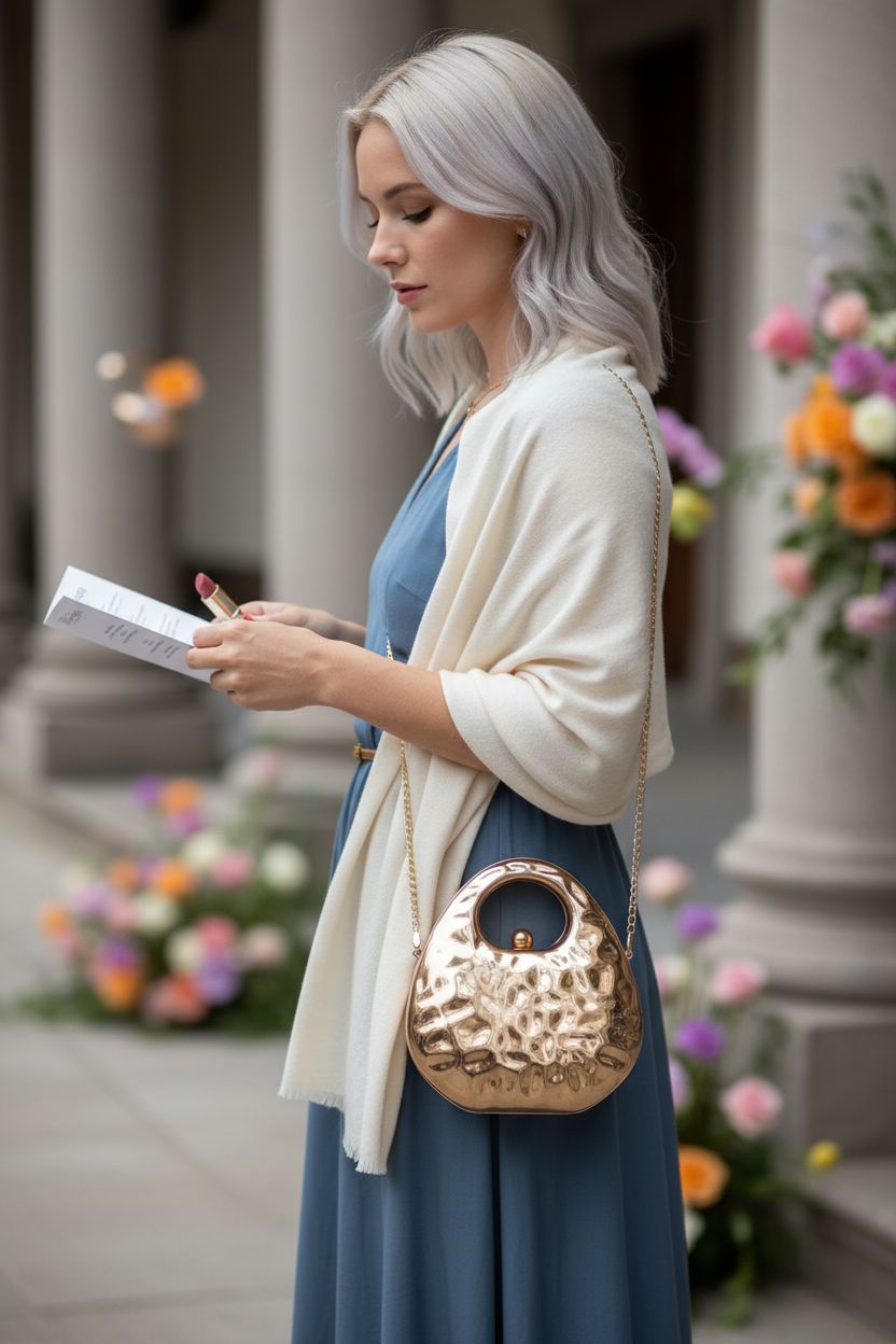 Garvee elegant metallic purse in gold held with program and lipstick, perfect for weddings.