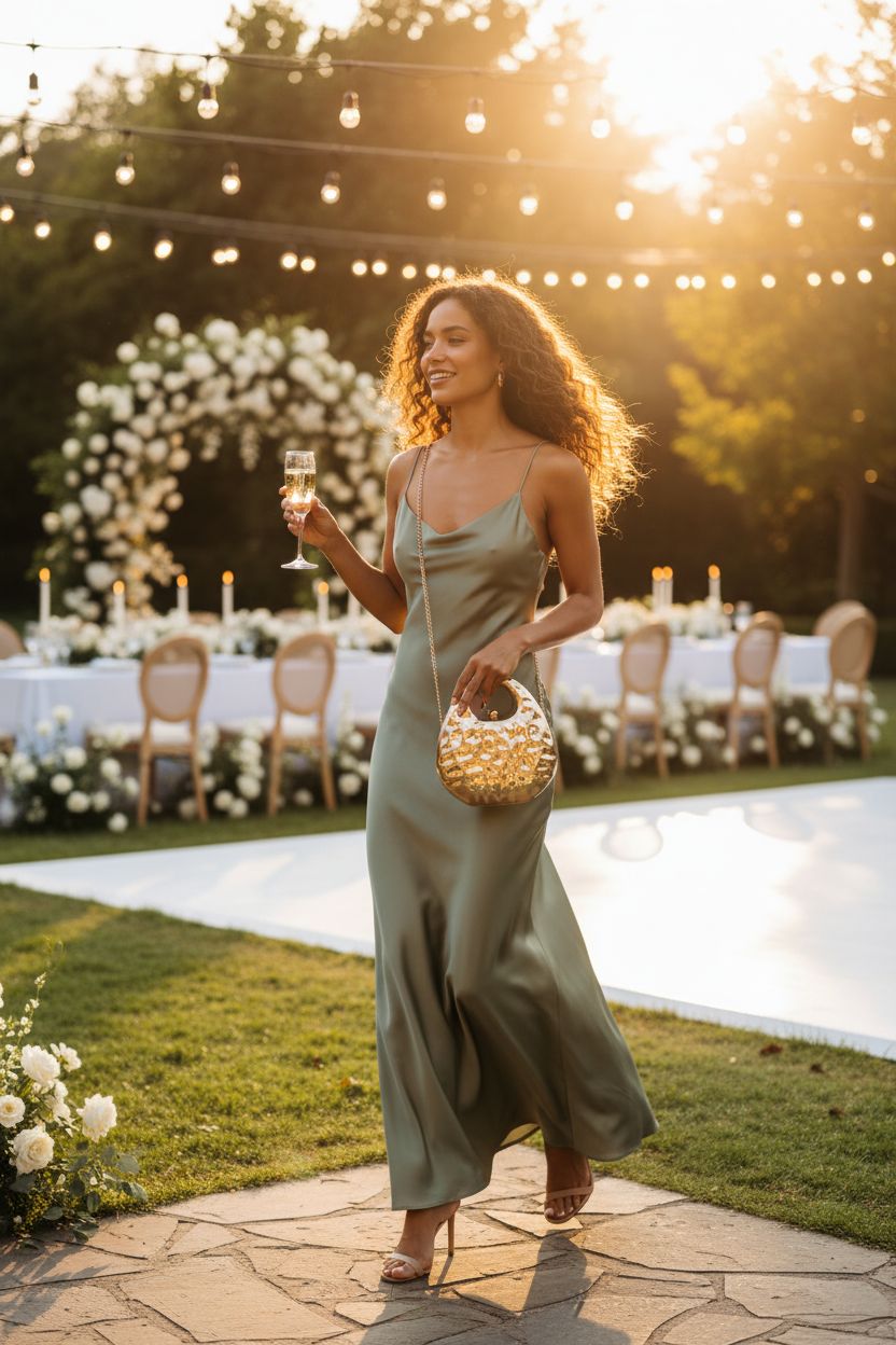 Garvee gold clutch swinging at hip during a garden wedding reception, ideal for celebrations.