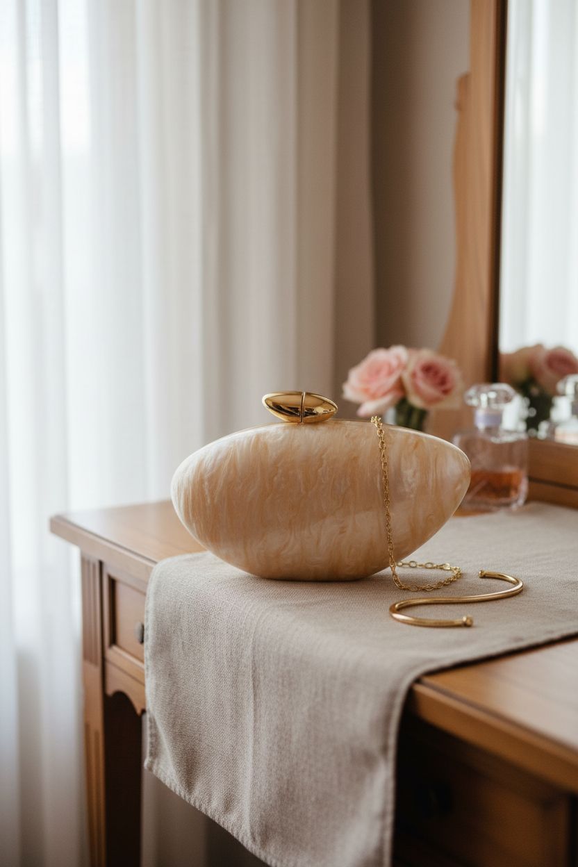 NEWROGENG elegant acrylic clutch on antique vanity in romantic bridal suite setting